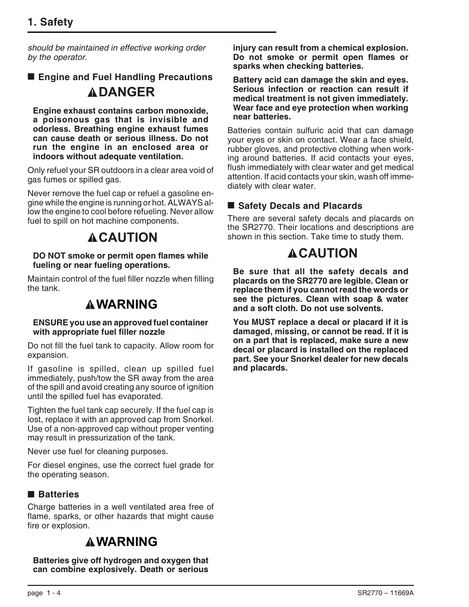 Engine and fuel handling precautions 1-4, Batteries 1-4, Safety decals and placards 1-4 | Safety decals and placards, 1-4, Fuel handling precautions, 1-4, Danger caution, Caution, Warning | Snorkel SR2770 User Manual | Page 12 / 75