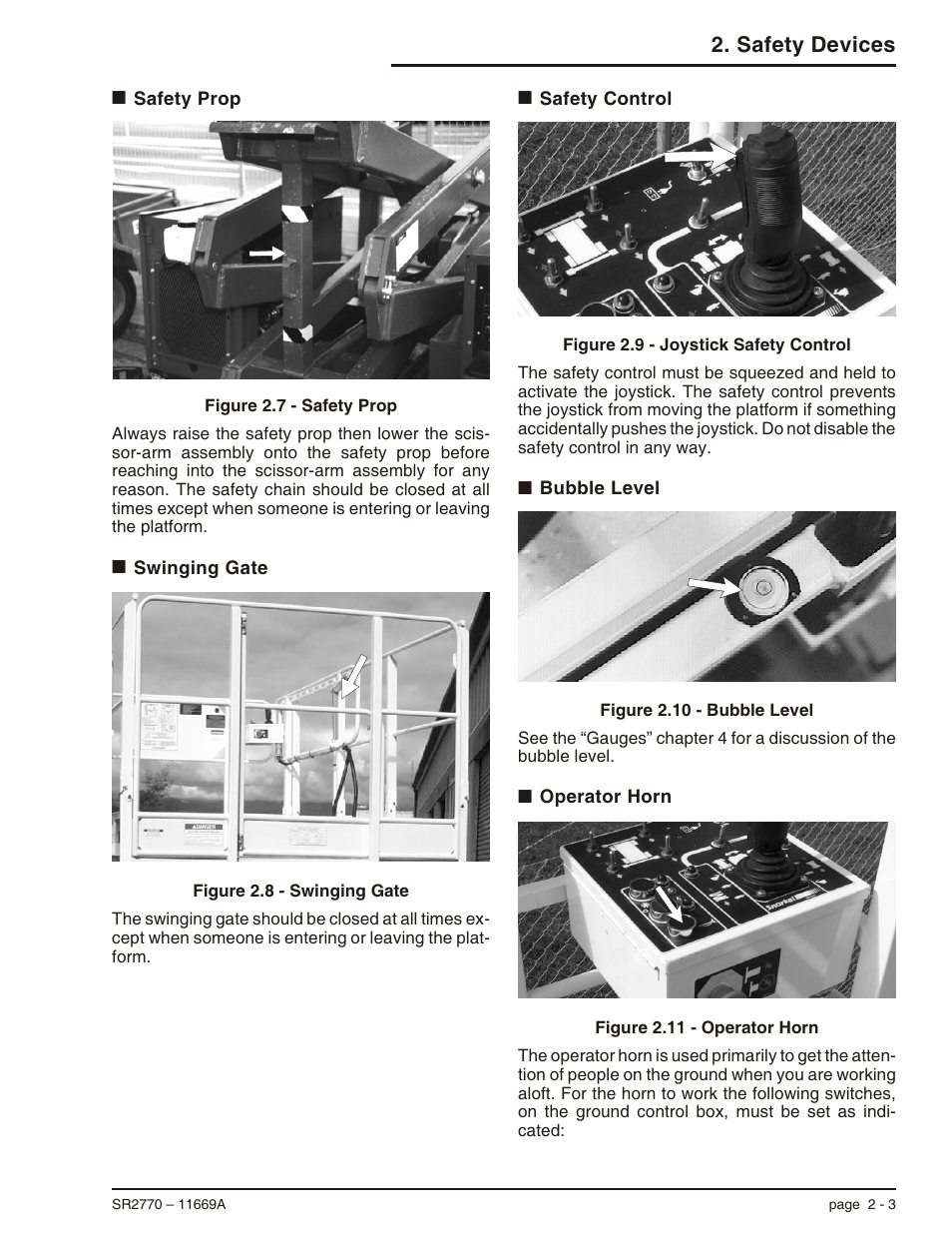 Safety prop 2-3, Swinging gate 2-3, Safety control 2-3 | Bubble level 2-3, Operator horn 2-3, Bubble level, 2-3, Operator horn, 2-3, Safety control, 2-3, Safety prop, 2-3, Swinging gate, 2-3 | Snorkel SR2770 User Manual | Page 19 / 75