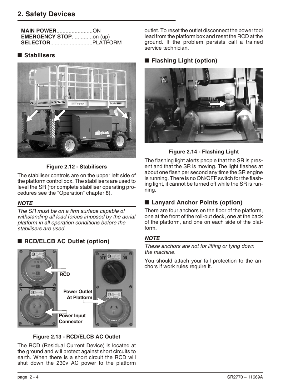 Stabilisers 2-4, Rcd/elcb ac outlet (option) 2-4, Flashing light (option) 2-4 | Lanyard anchor points (option) 2-4, Flashing light, 2-4, Lanyard anchor points, 2-4, Outriggers, 2-4, Rcd/elcb ac outlet, 2-4, Safety devices | Snorkel SR2770 User Manual | Page 20 / 75