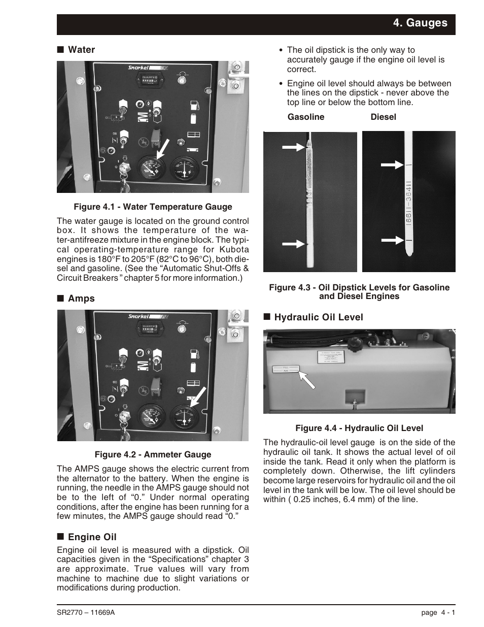 Gauges, Water 4-1, Amps 4-1 | Engine oil 4-1, Hydraulic oil level 4-1, Air filter, 4-1, Amps, 4-1, Engine oil, 4-1, Water, 4-1 | Snorkel SR2770 User Manual | Page 24 / 75