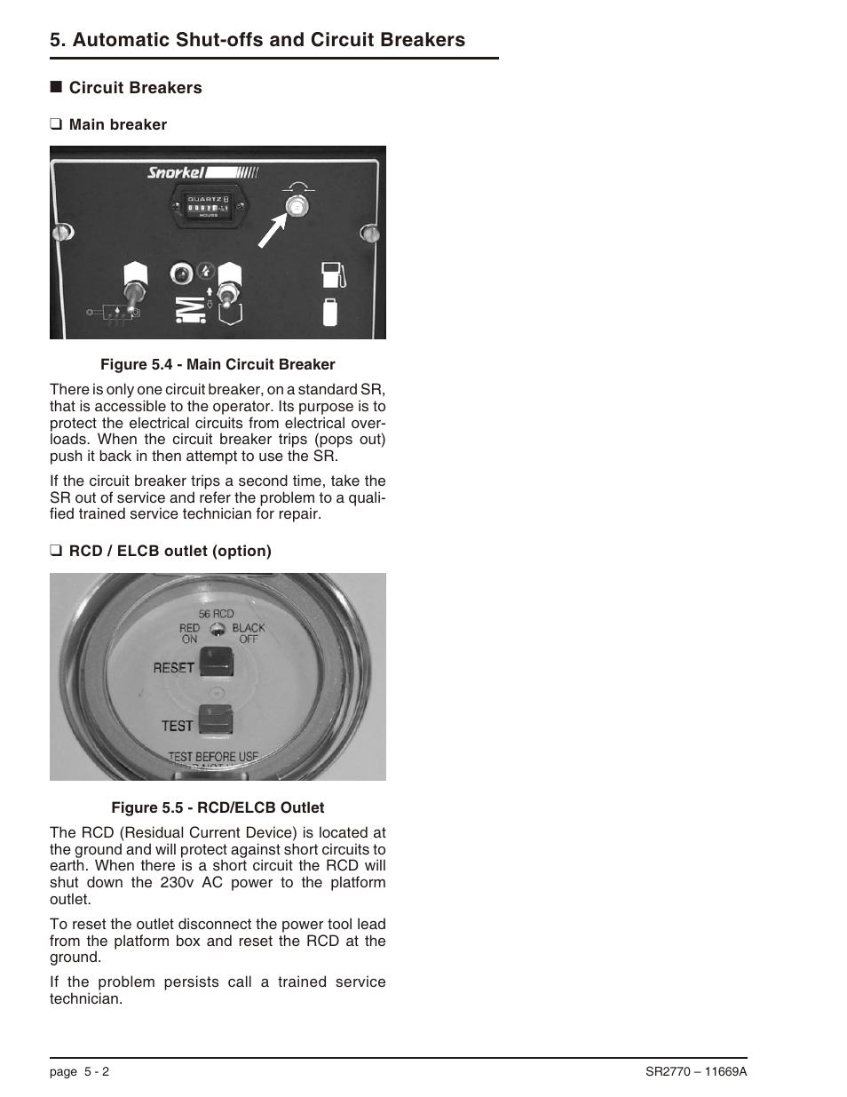 Circuit breakers 5-2, Main breaker 5-2, Rcd / elcb outlet (option) 5-2 | Circuit breakers, 5-2, Main breaker, 5-2, Rcd/elcb outlet, 5-2, Circuit breakers -2, Main breaker -2 rcd / elcb outlet (option) -2, Automatic shut-offs and circuit breakers | Snorkel SR2770 User Manual | Page 27 / 75