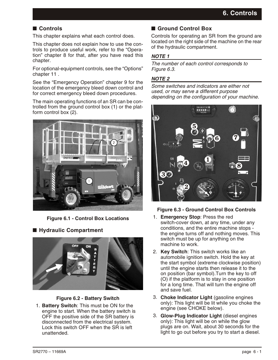 Controls, Controls 6-1, Hydraulic compartment 6-1 | Ground control box 6-1, Battery, 6-1, 8-2, 8-3, 8-4, 8-5, 9-2, Key, 6-1, Choke, 6-1, 6-3, Glow-plug, 6-1, 6-3 | Snorkel SR2770 User Manual | Page 28 / 75