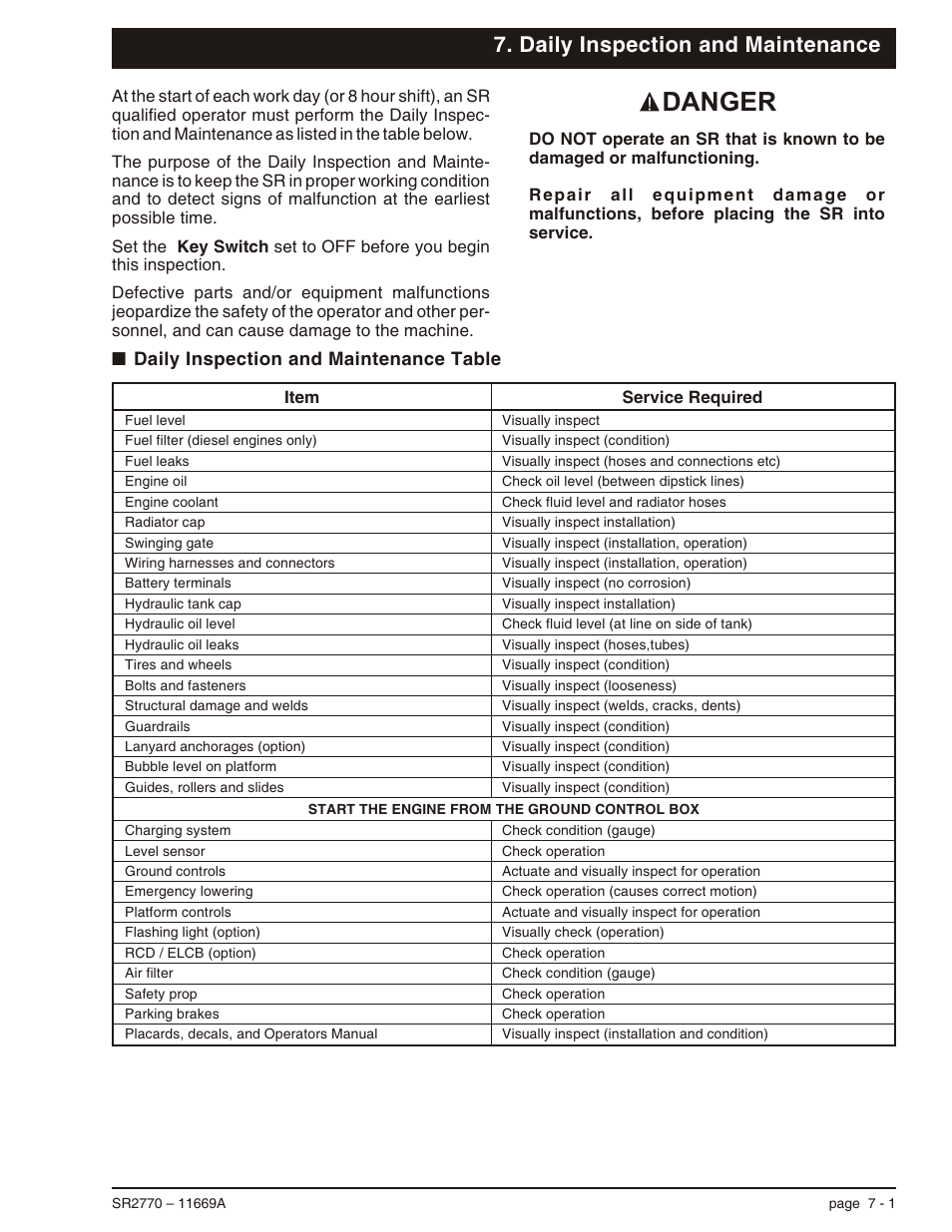 Daily inspection and maintenance, Daily inspection and maintenance table 7-1, Daily inspection and maintenance table, 7-1 | Operators daily inspection, 7-1, Inspection and maintenance table, 7-1, Qualified, 7-1, Daily inspection and maintenance table -1, Danger | Snorkel SR2770 User Manual | Page 32 / 75