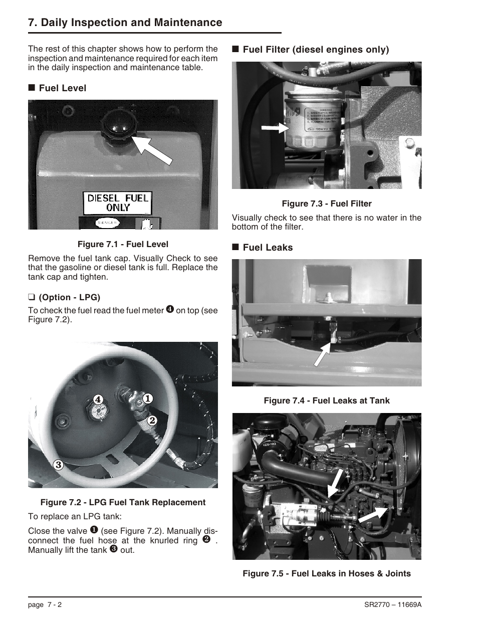 Fuel level 7-2, Option - lpg) 7-2, Fuel filter (diesel engines only) 7-2 | Fuel leaks 7-2, Fuel filter, 7-2, Fuel leaks, 7-2, Fuel level, 7-2, Fuel level -2, Option - lpg) -2, Fuel filter (diesel engines only) -2 fuel leaks -2 | Snorkel SR2770 User Manual | Page 33 / 75