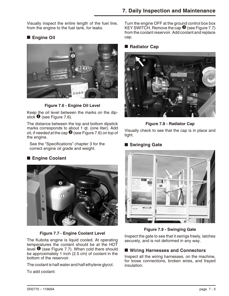 Engine oil 7-3, Engine coolant 7-3, Radiator cap 7-3 | Swinging gate 7-3, Wiring harnesses and connectors 7-3, Engine coolant, 7-3, Engine oil, 7-3, Radiator cap, 7-3, Swinging gate, 7-3, Wiring harnesses, 7-3 | Snorkel SR2770 User Manual | Page 34 / 75