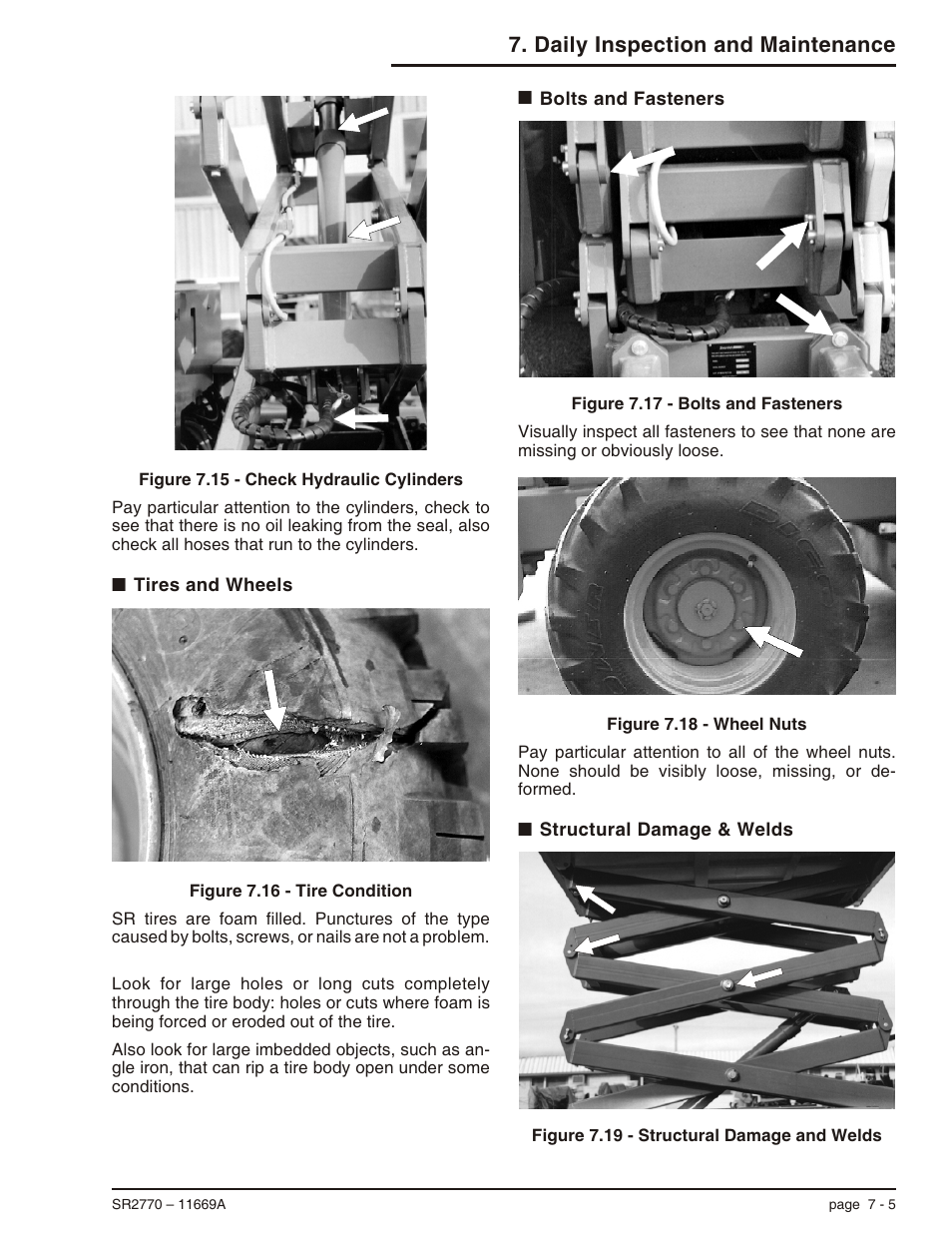 Tires and wheels 7-5, Bolts and fasteners 7-5, Structural damage & welds 7-5 | Bolts and fasteners, 7-5, Structural damage and welds, 7-5, Tires, 7-5, Daily inspection and maintenance | Snorkel SR2770 User Manual | Page 36 / 75