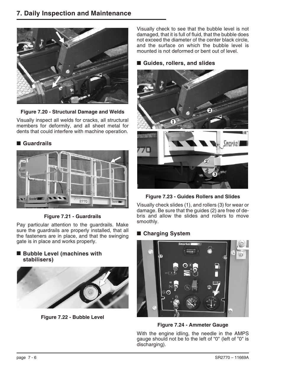 Guardrails 7-6, Bubble level (machines with stabilisers) 7-6, Guides, rollers, and slides 7-6 | Charging system 7-6, Bubble level, 7-6, Charging syatem, 7-6, Guides rollers and slides, 7-6, Guardrails, 7-6, Lanyard anchorages, 7-6, Daily inspection and maintenance | Snorkel SR2770 User Manual | Page 37 / 75