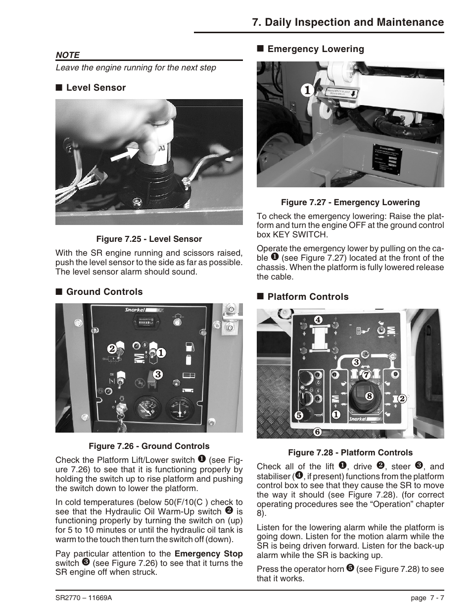 Level sensor 7-7, Ground controls 7-7, Emergency lowering 7-7 | Platform controls 7-7, Emergency lowering, 7-7, Level sensor, 7-7, Daily inspection and maintenance | Snorkel SR2770 User Manual | Page 38 / 75