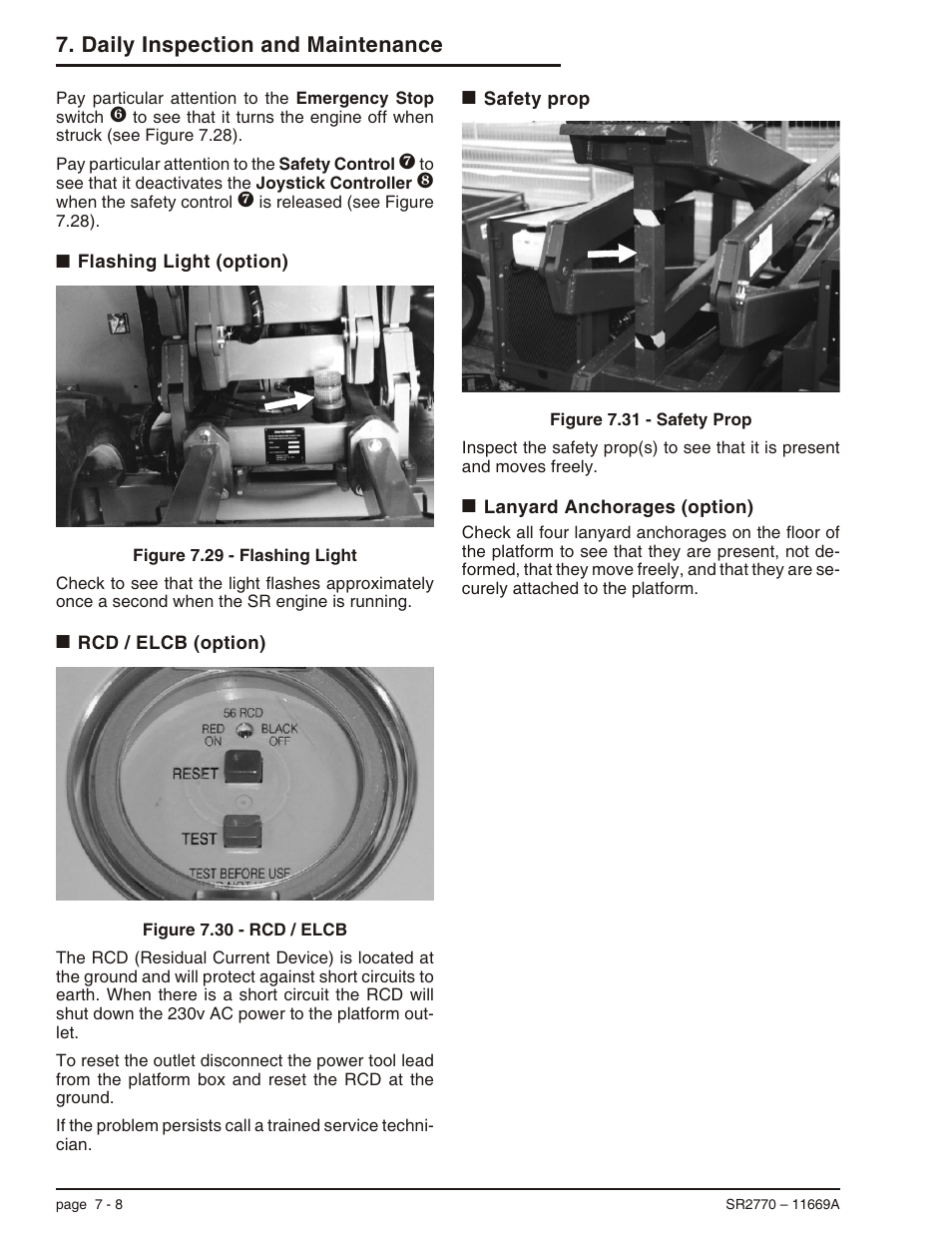 Flashing light (option) 7-8, Rcd / elcb (option) 7-8, Safety prop 7-8 | Lanyard anchorages (option) 7-8, Emergency stop, 7-8, Flashing light, 7-8, 11-1, Rcd / elcb reset, 7-8, Safety prop, 7-8, Daily inspection and maintenance | Snorkel SR2770 User Manual | Page 39 / 75