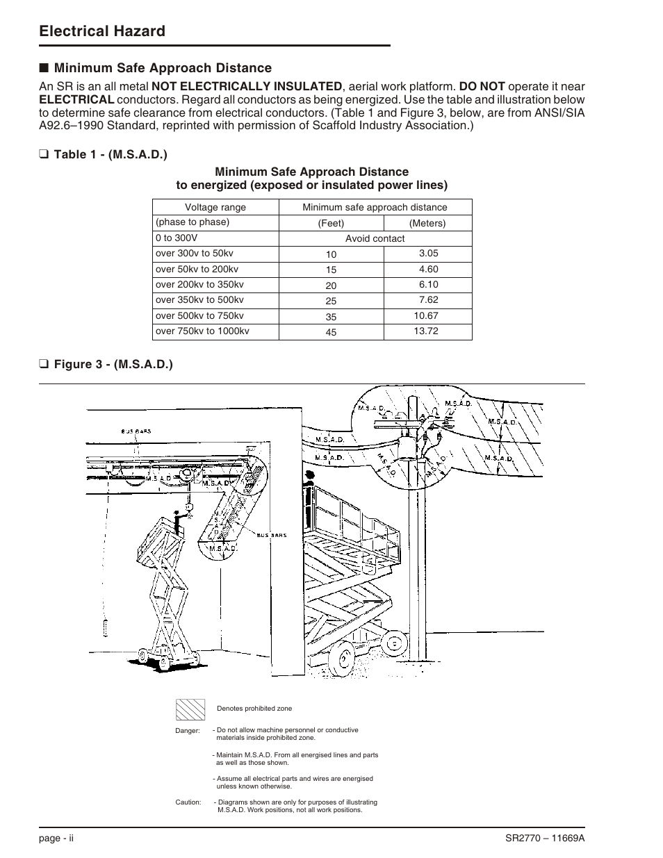 Minimum safe approach distance ii, Table 1 - (m.s.a.d.) ii, Figure 3 - (m.s.a.d.) ii | Electrical hazard, Minimum safe approach distance | Snorkel SR2770 User Manual | Page 4 / 75