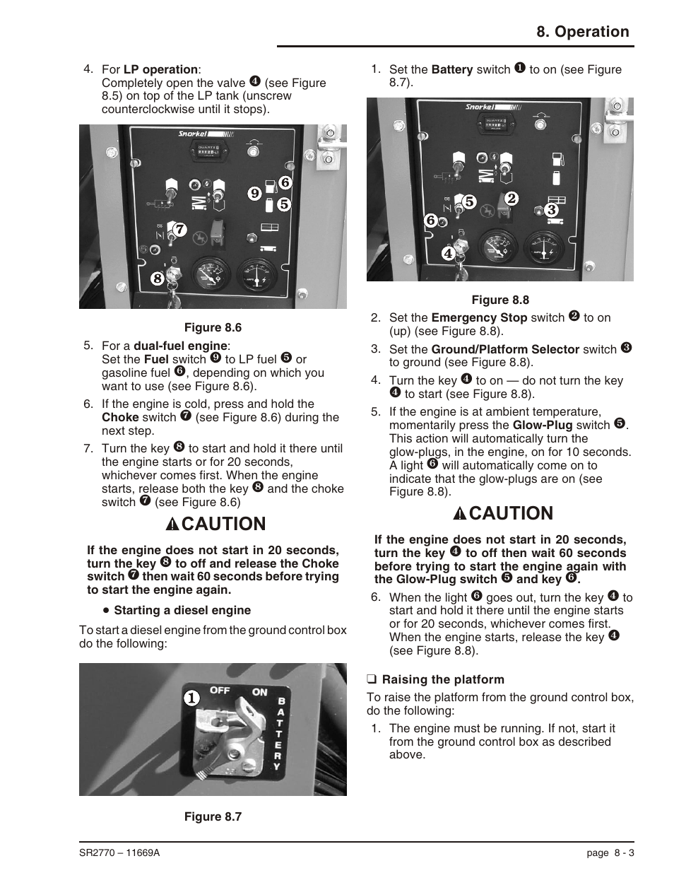 Raising the platform 8-3, Raising the platform, 8-3, 8-7, Raising the platform -3 | Caution, Operation | Snorkel SR2770 User Manual | Page 46 / 75