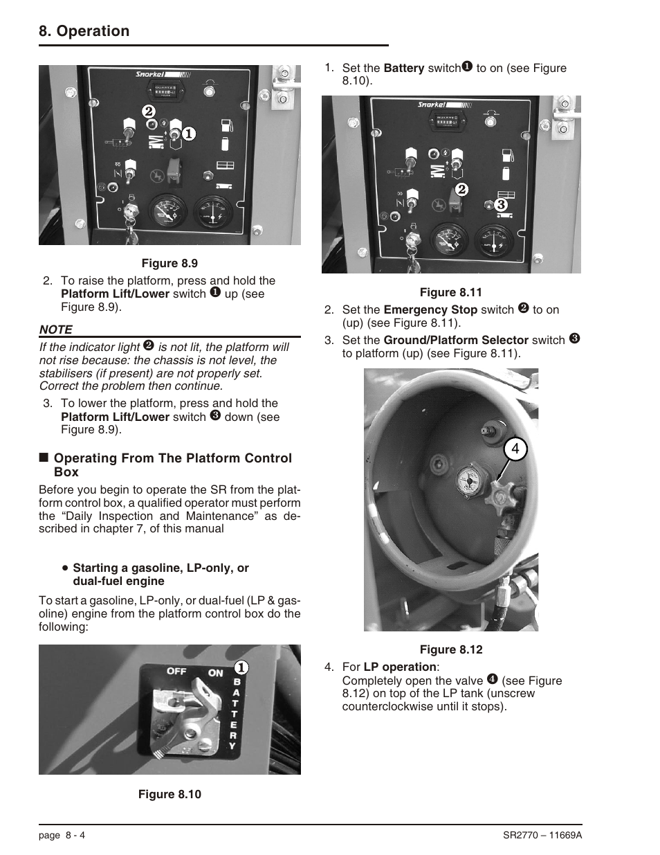 Operating from the platform control box 8-4, Operating from platform control box, 8-4, Operating from the platform control box -4 | Operation 4 | Snorkel SR2770 User Manual | Page 47 / 75