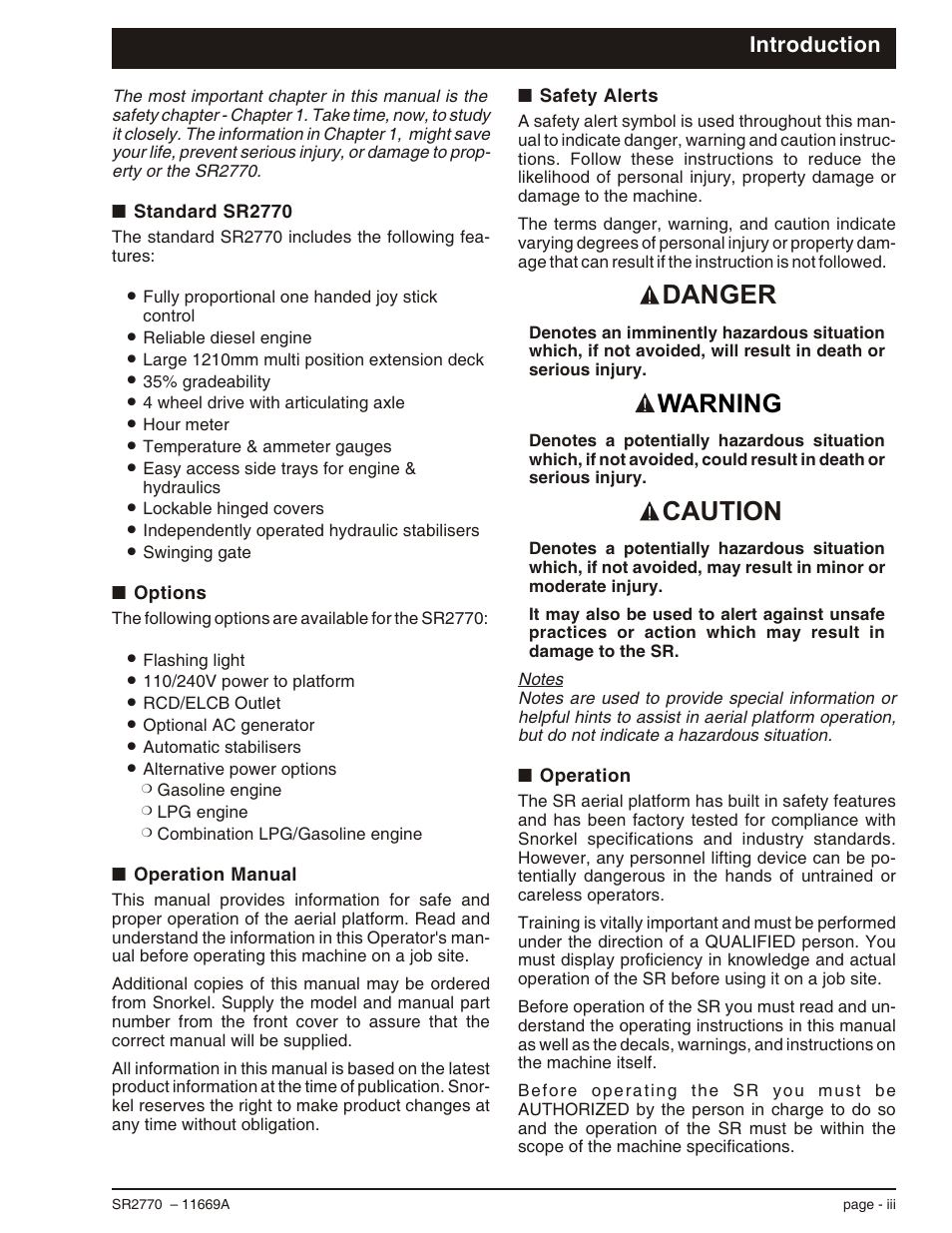 Introduction, Standard sr2770 iii, Options iii | Operation manual iii, Safety alerts iii, Operation iii, Caution danger, Warning | Snorkel SR2770 User Manual | Page 5 / 75