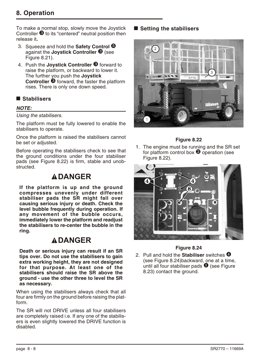 Stabilisers 8-8, Setting the stabilisers 8-8, Setting the stabilisers, 8-8 | Stabilisers, 8-8, Stabilisers, 8-8, 11-1, Stabilisers -8 setting the stabilisers -8, Danger, Operation | Snorkel SR2770 User Manual | Page 51 / 75