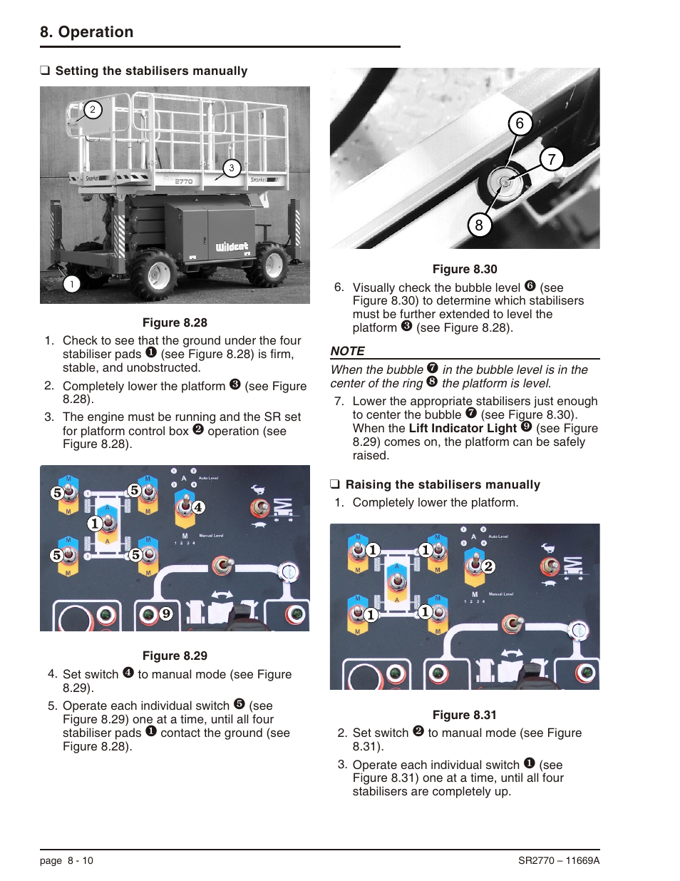 Setting the stabilisers manually 8-10, Raising the stabilisers manually 8-10, Operation 7 6 8 | Snorkel SR2770 User Manual | Page 53 / 75