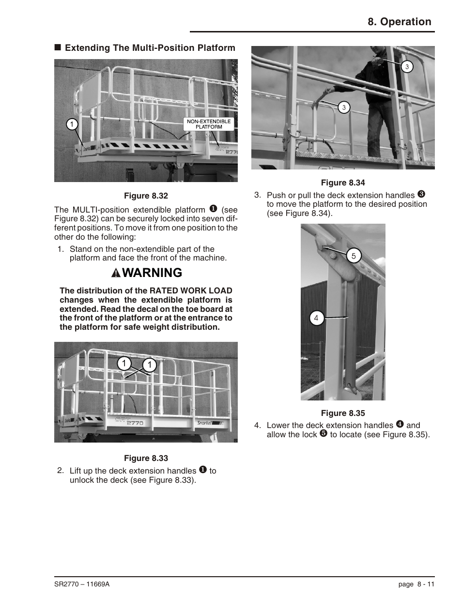 Extending the multi-position platform 8-11, Extending the platform, 8-11, Extending the multi-position platform -11 | Warning, Operation | Snorkel SR2770 User Manual | Page 54 / 75