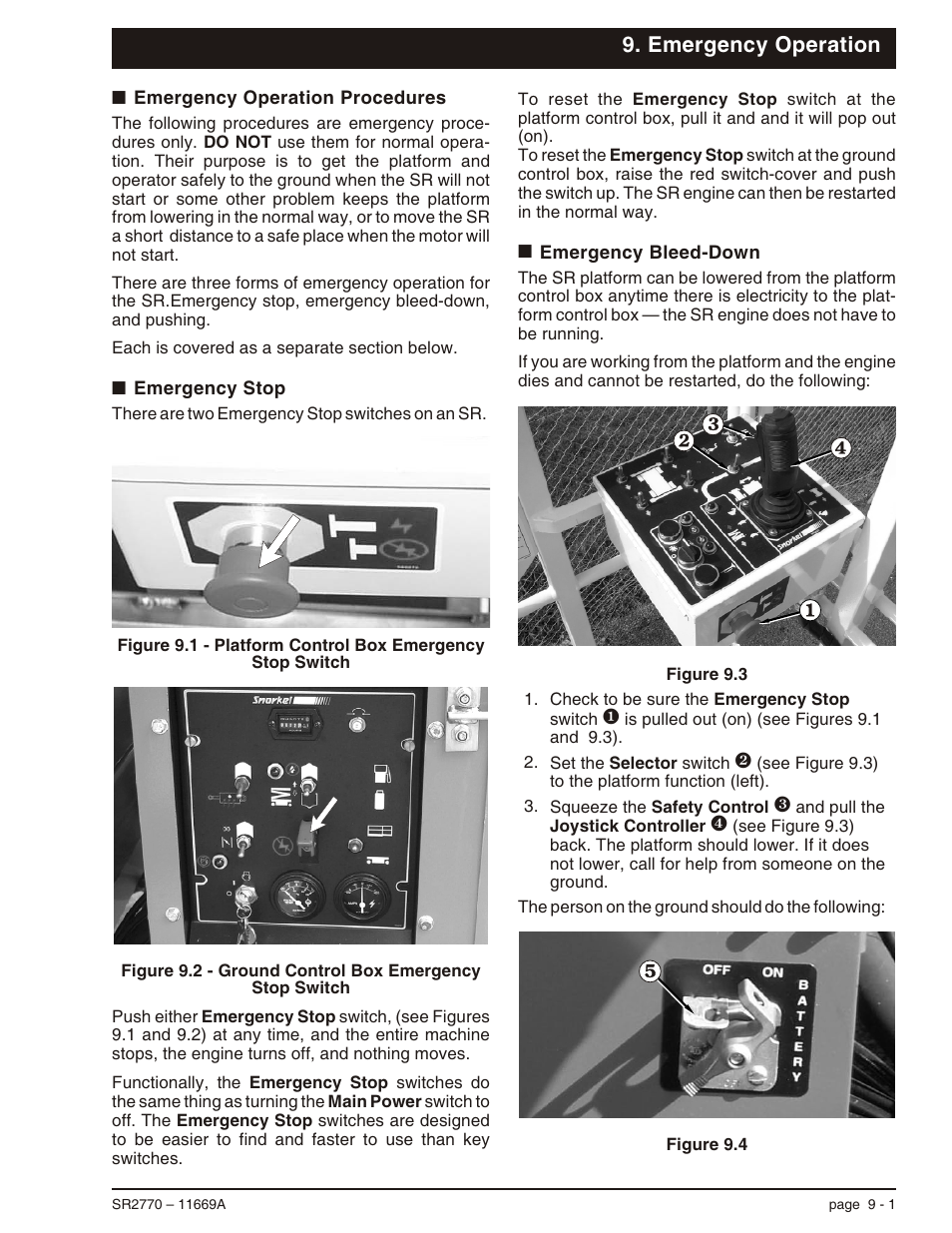 Emergency operation, Emergency operation procedures 9-1, Emergency stop 9-1 | Emergency bleed-down 9-1, Emergency operation, 9-1, Procedures, 9-1, Bleed-down, 9-1, Emergency stop, 9-1 | Snorkel SR2770 User Manual | Page 56 / 75