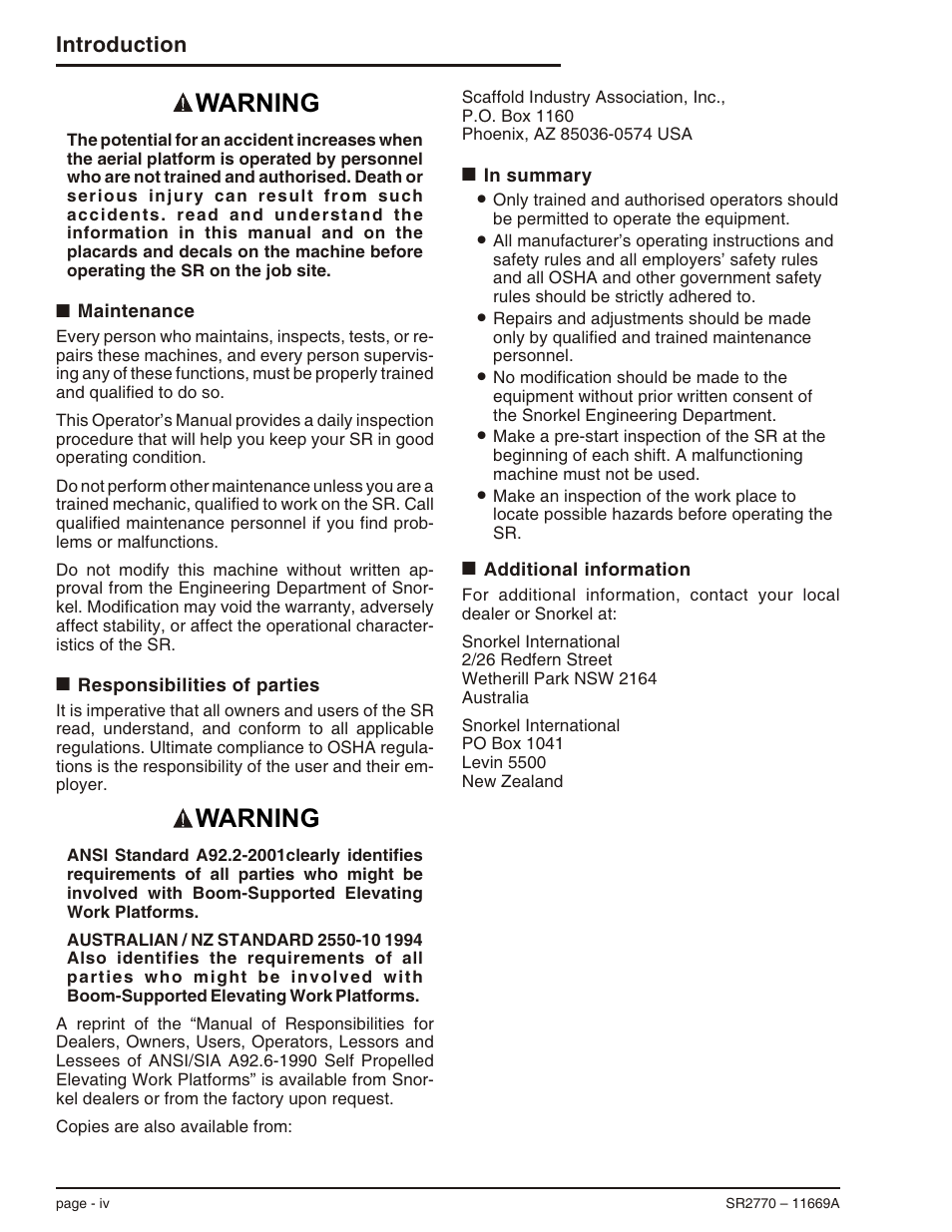 Maintenance iv, Responsibilities of parties iv, In summary iv | Additional information iv, Warning, Introduction | Snorkel SR2770 User Manual | Page 6 / 75