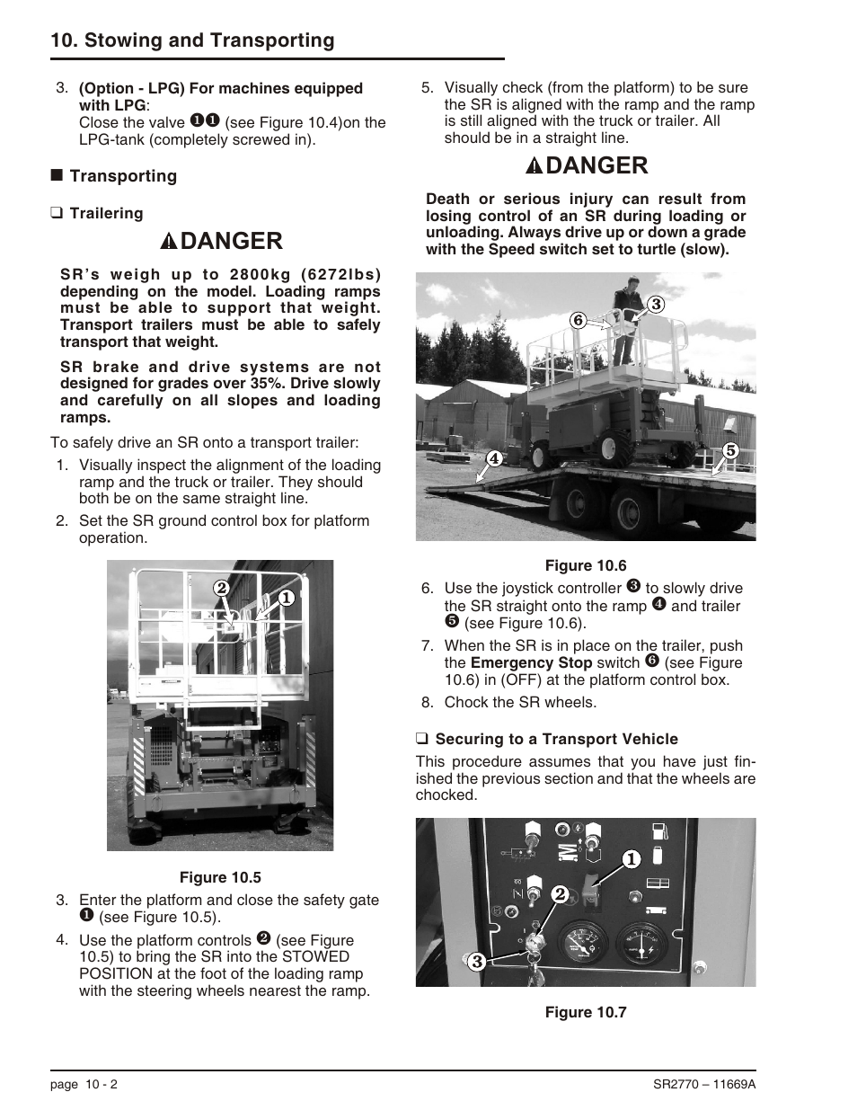 Transporting 10-2, Trailering 10-2, Securing to a transport vehicle 10-2 | Transporting the sr, 10-2, Driving onto trailor, 10-2, Securing to a transport, 10-2, Trailering, 10-2, Transporting -2, Trailering -2 securing to a transport vehicle -2, Danger | Snorkel SR2770 User Manual | Page 61 / 75