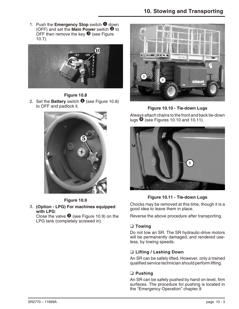 Towing 10-3, Lifting / lashing down 10-3, Pushing 10-3 | Lifting the sr, 10-3, Pushing the sr, 10-3, Towing, 10-3, Towing -3 lifting / lashing down -3 pushing -3, Stowing and transporting | Snorkel SR2770 User Manual | Page 62 / 75