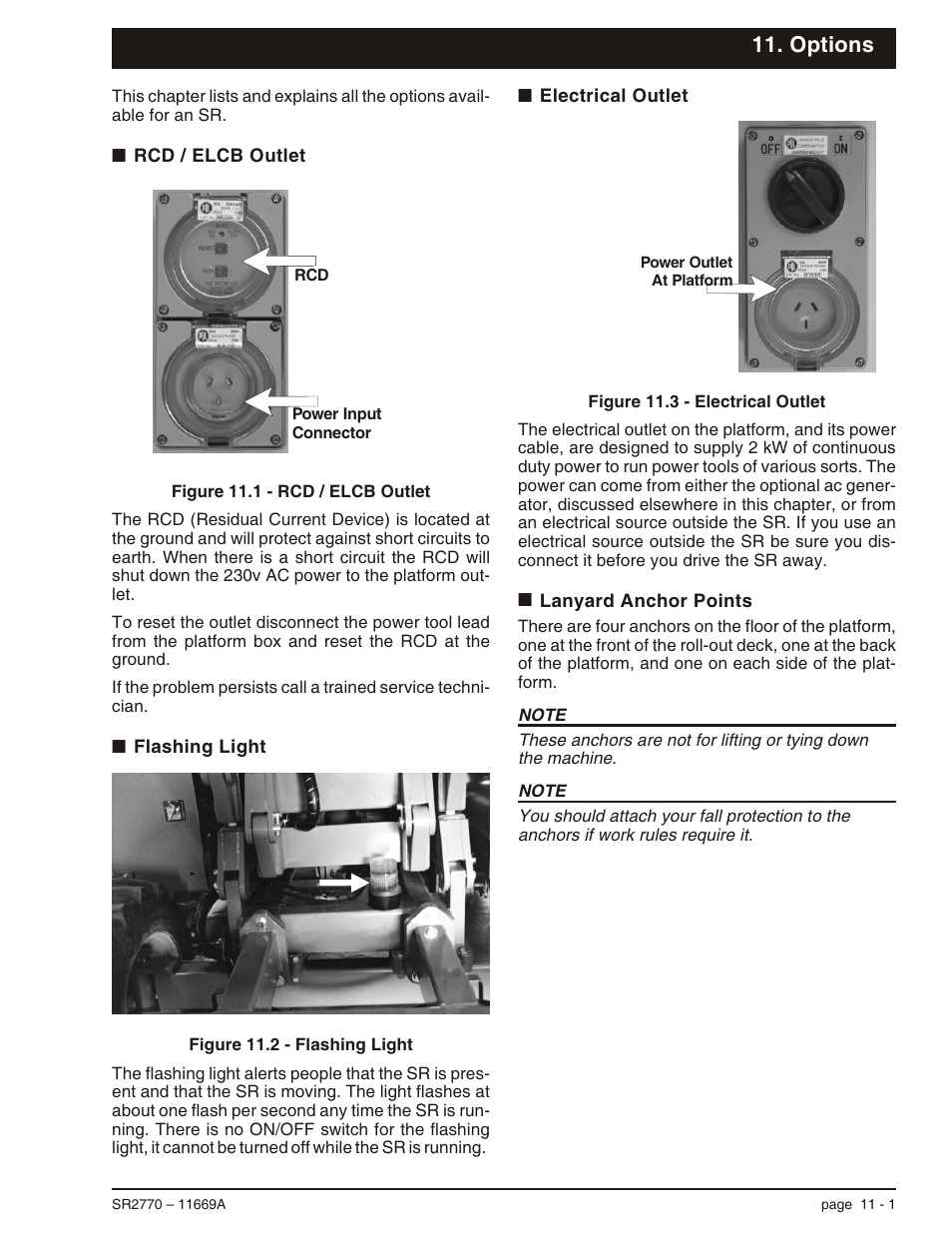 Options, Rcd / elcb outlet 11-1, Flashing light 11-1 | Electrical outlet 11-1, Lanyard anchor points 11-1, 230v ac generator, 11-1, Electrical outlet, 11-1, Lanyard anchor points, 11-1, Rcd / elcb outlet, 11-1 | Snorkel SR2770 User Manual | Page 64 / 75