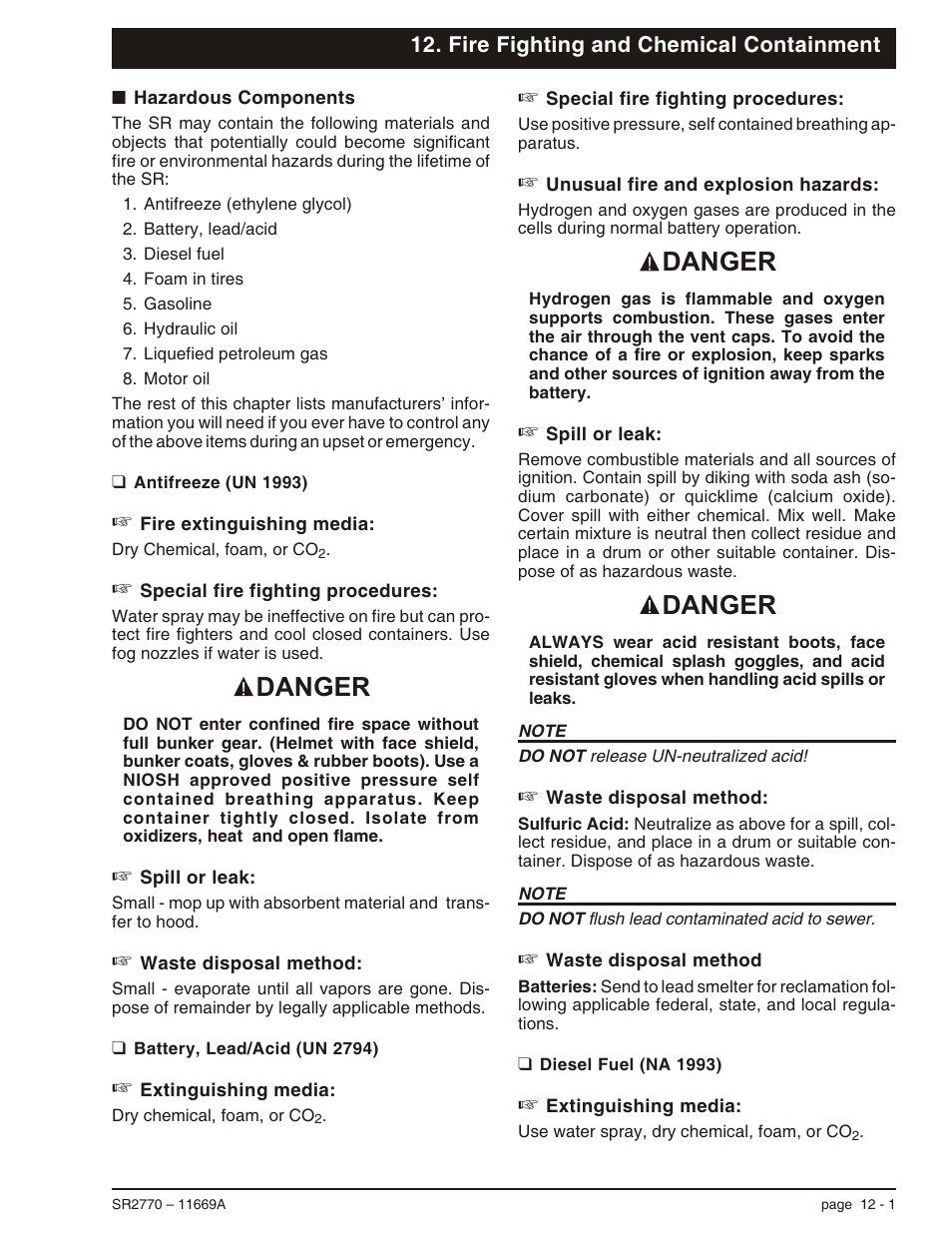 Fire fighting and chemical containment, Hazardous components 12-1, Antifreeze (un 1993) 12-1 | Battery, lead/acid (un 2794) 12-1, Diesel fuel (na 1993) 12-1, Hazardous components, 12-1, Antifreeze (un 1993), 12-1, Battery, lead/acid (un 2794), 12-1, Diesel fuel (na 1993), 12-1, Hazardous components -1 | Snorkel SR2770 User Manual | Page 66 / 75