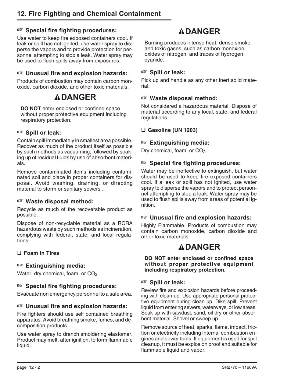 Foam in tires 12-2, Gasoline (un 1203) 12-2, Foam in tires, 12-2 | Gasoline (un 1203), 12-2, Foam in tires -2 gasoline (un 1203) -2, Danger | Snorkel SR2770 User Manual | Page 67 / 75