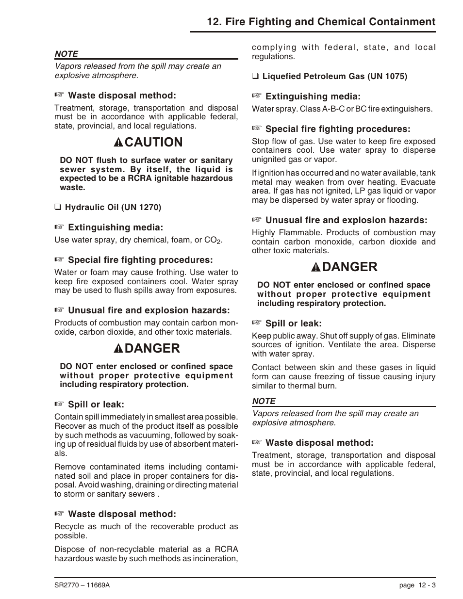 Hydraulic oil (un 1270) 12-3, Liquefied petroleum gas (un 1075) 12-3, Hydraulic oil (un 1270), 12-3 | Liquefied petroleum gas (un 1075), 12-3, Caution danger danger | Snorkel SR2770 User Manual | Page 68 / 75