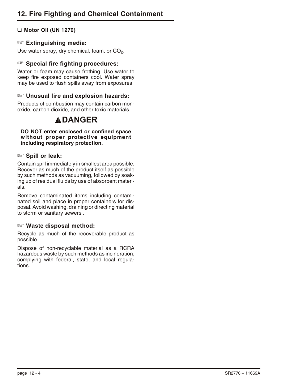 Motor oil (un 1270) 12-4, Motor oil (un 1270) , 12-4, Motor oil (un 1270) -4 | Danger | Snorkel SR2770 User Manual | Page 69 / 75