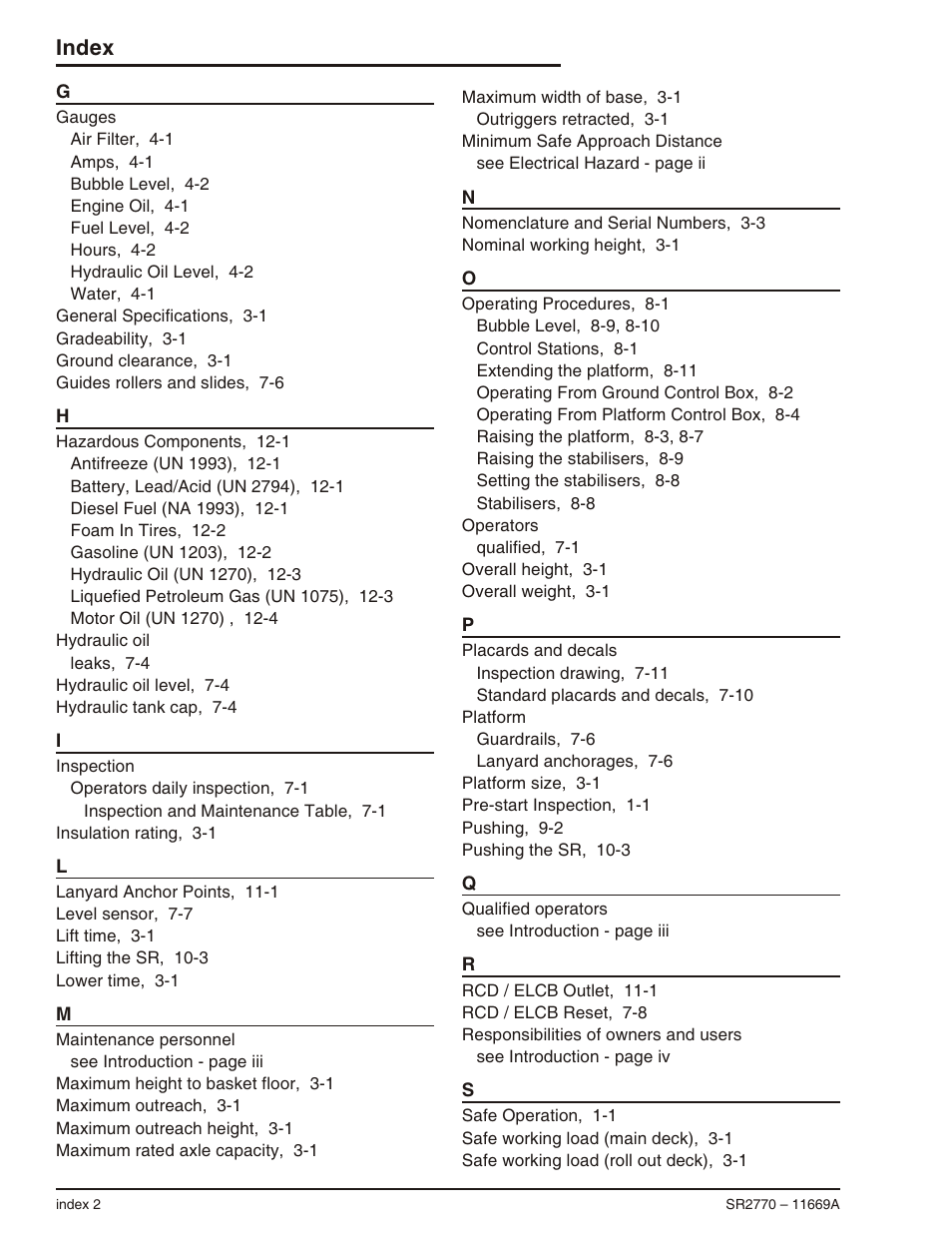 Index | Snorkel SR2770 User Manual | Page 73 / 75