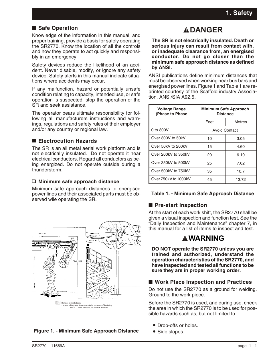 Safety, Safe operation 1-1, Electrocution hazards 1-1 | Minimum safe approach distance 1-1, Pre-start inspection 1-1, Work place inspection and practices 1-1, Pre-start inspection, 1-1, Safe operation, 1-1, Work place inspection and practices, 1-1, Safe operation -1 electrocution hazards -1 | Snorkel SR2770 User Manual | Page 9 / 75