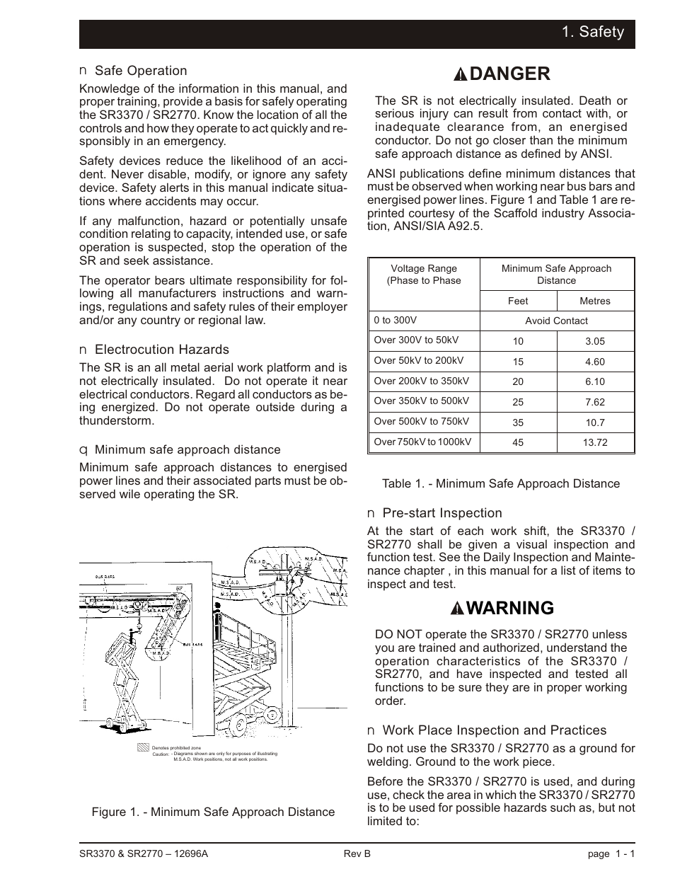 Safety, Safe operation 1-1, Electrocution hazards 1-1 | Minimum safe approach distance 1-1, Pre-start inspection 1-1, Work place inspection and practices 1-1, Electrocution hazard, 1-1, Pre-start inspection, 1-1, Safe operation, 1-1, Work place inspection and practices, 1-1 | Snorkel SR3370 User Manual | Page 11 / 78