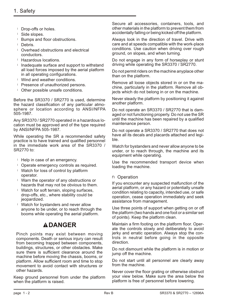 Operation 1-2, Operation -2, Danger | Safety | Snorkel SR3370 User Manual | Page 12 / 78