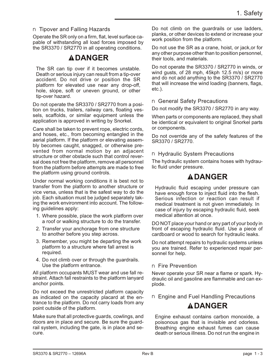 Tipover and falling hazards 1-3, General safety precautions 1-3, Hydraulic system precautions 1-3 | Fire prevention 1-3, Engine and fuel handling precautions 1-3, Falling hazard, 1-3, Fuel handling precautions, 1-3, General safety precautions, 1-3, Hydraulic systems, 1-3, Tipover hazard, 1-3 | Snorkel SR3370 User Manual | Page 13 / 78