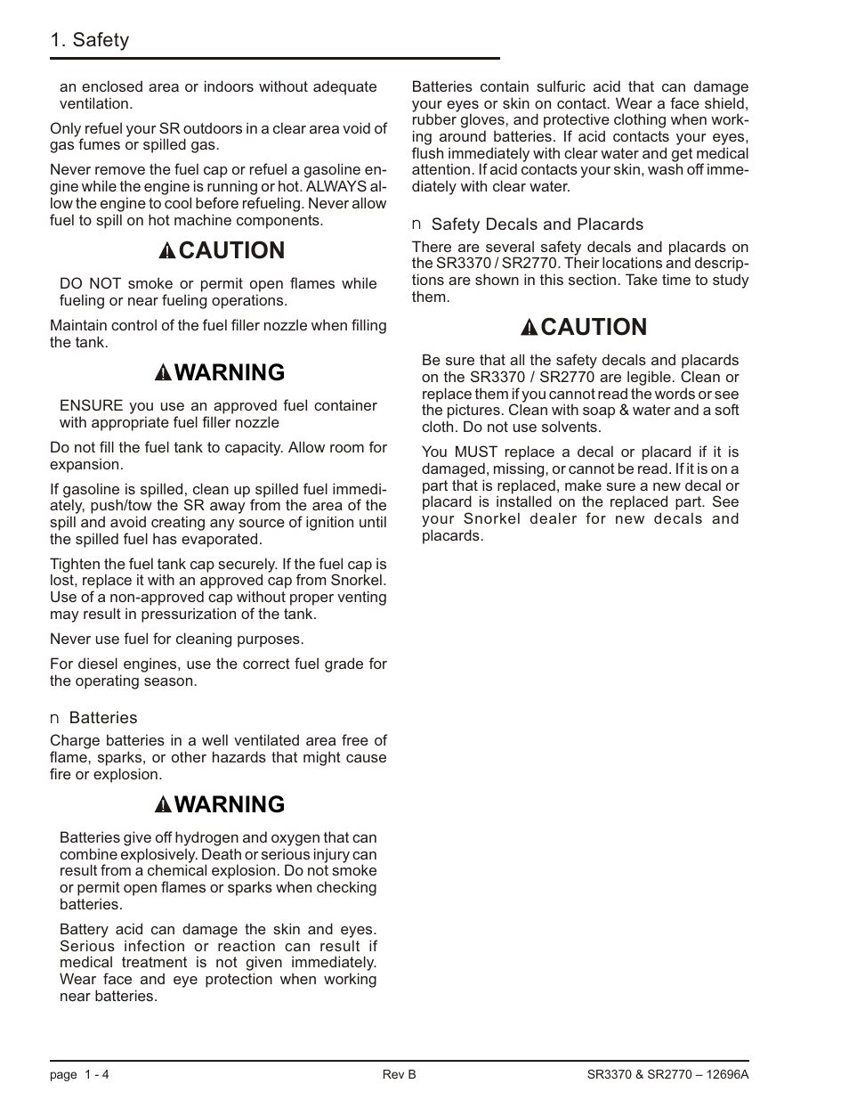 Batteries 1-4, Safety decals and placards 1-4, Batteries, 1-4 | Safety decals, 1-4, Batteries -4 safety decals and placards -4, Caution, Warning | Snorkel SR3370 User Manual | Page 14 / 78