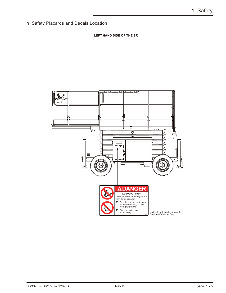 Safety placards and decals location 1-5, Safety placards and decals location -5, Safety | Snorkel SR3370 User Manual | Page 15 / 78