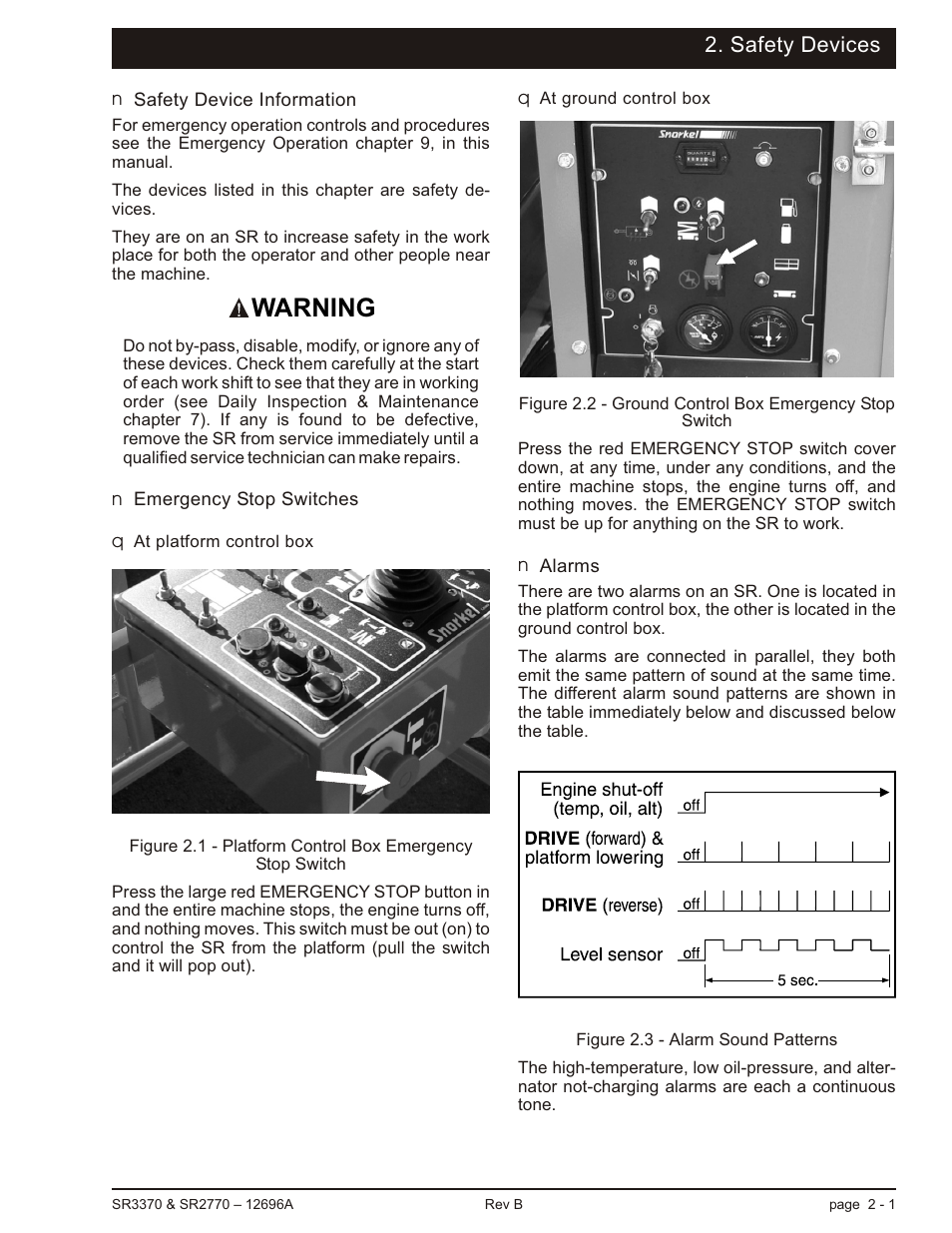 Safety devices, Safety device information 2-1, Emergency stop switches 2-1 | At platform control box 2-1, At ground control box 2-1, Alarms 2-1, Alarms, 2-1, Emergency stop switches, 2-1, Alarms -1, Warning | Snorkel SR3370 User Manual | Page 19 / 78