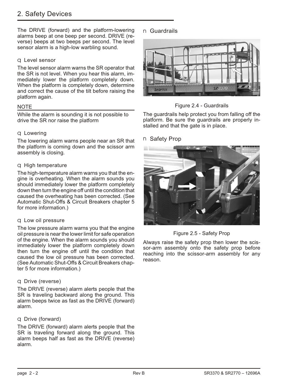 Level sensor 2-2, Lowering 2-2, High temperature 2-2 | Low oil pressure 2-2, Drive (reverse) 2-2, Drive (forward) 2-2, Guardrails 2-2, Safety prop 2-2, Drive (forward), 2-2, Drive (reverse), 2-2 | Snorkel SR3370 User Manual | Page 20 / 78