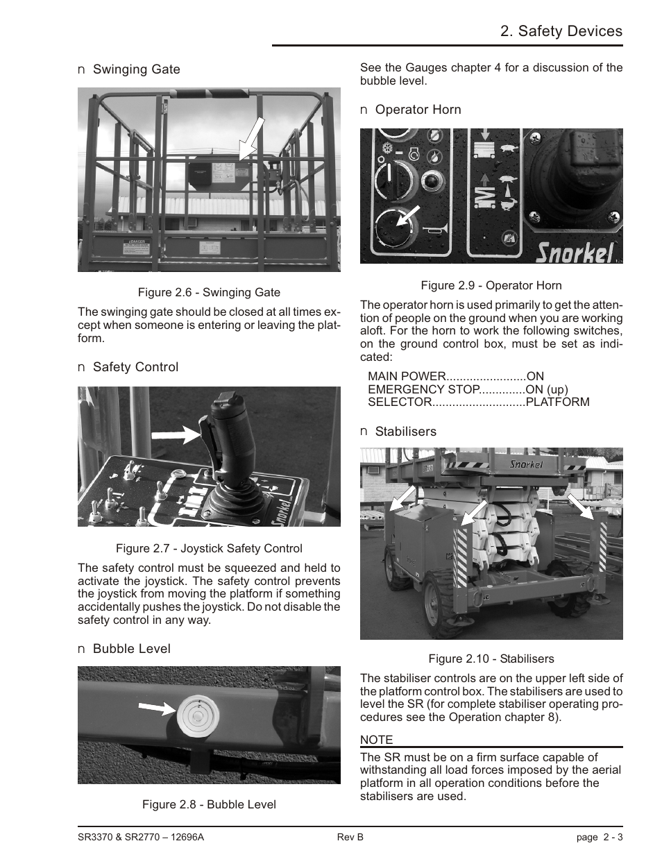 Swinging gate 2-3, Safety control 2-3, Bubble level 2-3 | Operator horn 2-3, Stabilisers 2-3, Bubble level, 2-3, Joystick safety control, 2-3, Operator horn, 2-3, Stabilisers, 2-3, Swinging gate, 2-3 | Snorkel SR3370 User Manual | Page 21 / 78