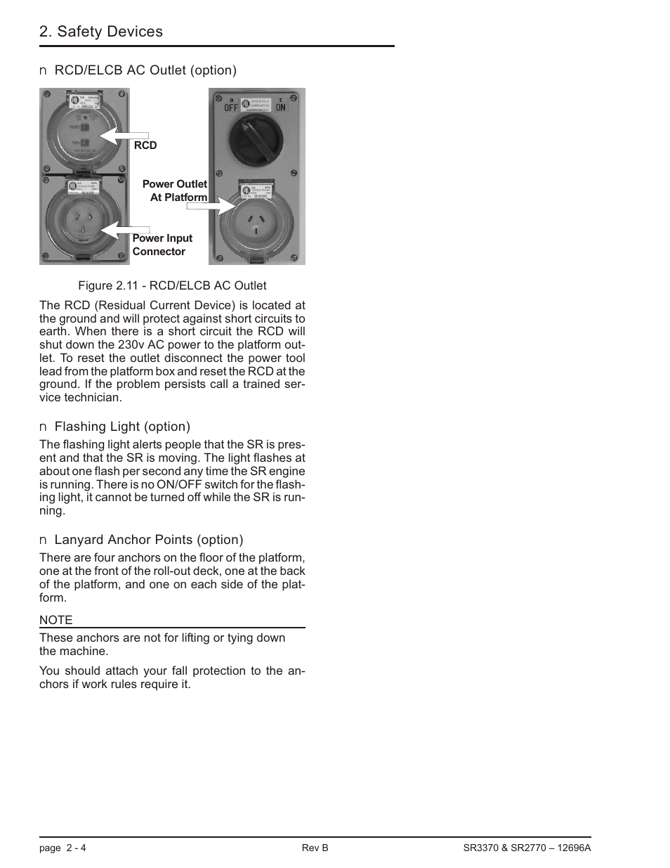 Rcd/elcb ac outlet (option) 2-4, Flashing light (option) 2-4, Lanyard anchor points (option) 2-4 | Flashing light, 2-4, Lanyard anchor points, 2-4, Rcd/elcb ac outlet, 2-4, Rcd/elcb ac outlet (option) -4, Safety devices | Snorkel SR3370 User Manual | Page 22 / 78