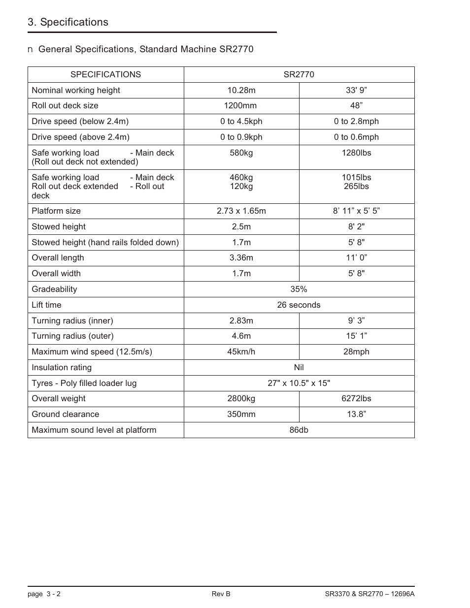 General specifications sr2770, 3-2, General specifications, standard machine sr2770 -2, Specifications | Snorkel SR3370 User Manual | Page 24 / 78