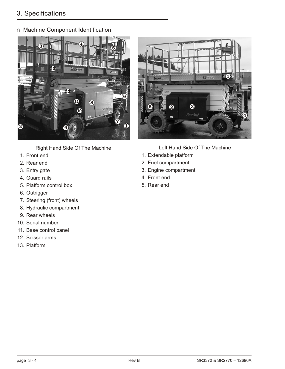 Machine component identification 3-4, Machine component identification -4, Specifications | Snorkel SR3370 User Manual | Page 26 / 78