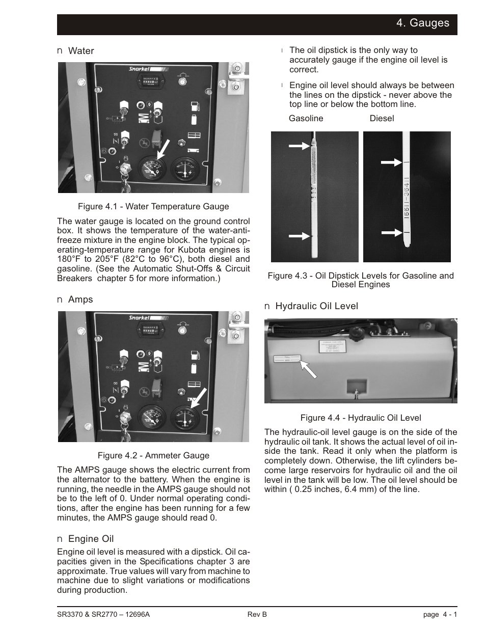 Gauges, Water 4-1, Amps 4-1 | Engine oil 4-1, Hydraulic oil level 4-1, Ammeter, 4-1, Engine oil, 4-1, Hydraulic oil, 4-1, Water, 4-1 | Snorkel SR3370 User Manual | Page 27 / 78