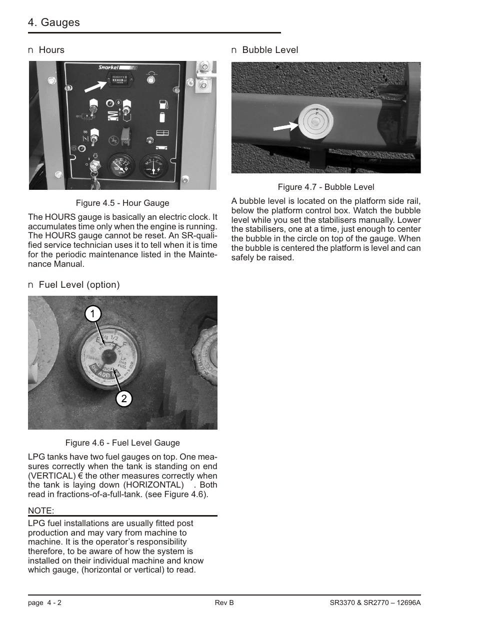 Hours 4-2, Fuel level (option) 4-2, Bubble level 4-2 | Bubble level, 4-2, Hours, 4-2, Lpg fuel level, 4-2, Hours -2 fuel level (option) -2 bubble level -2, Gauges | Snorkel SR3370 User Manual | Page 28 / 78