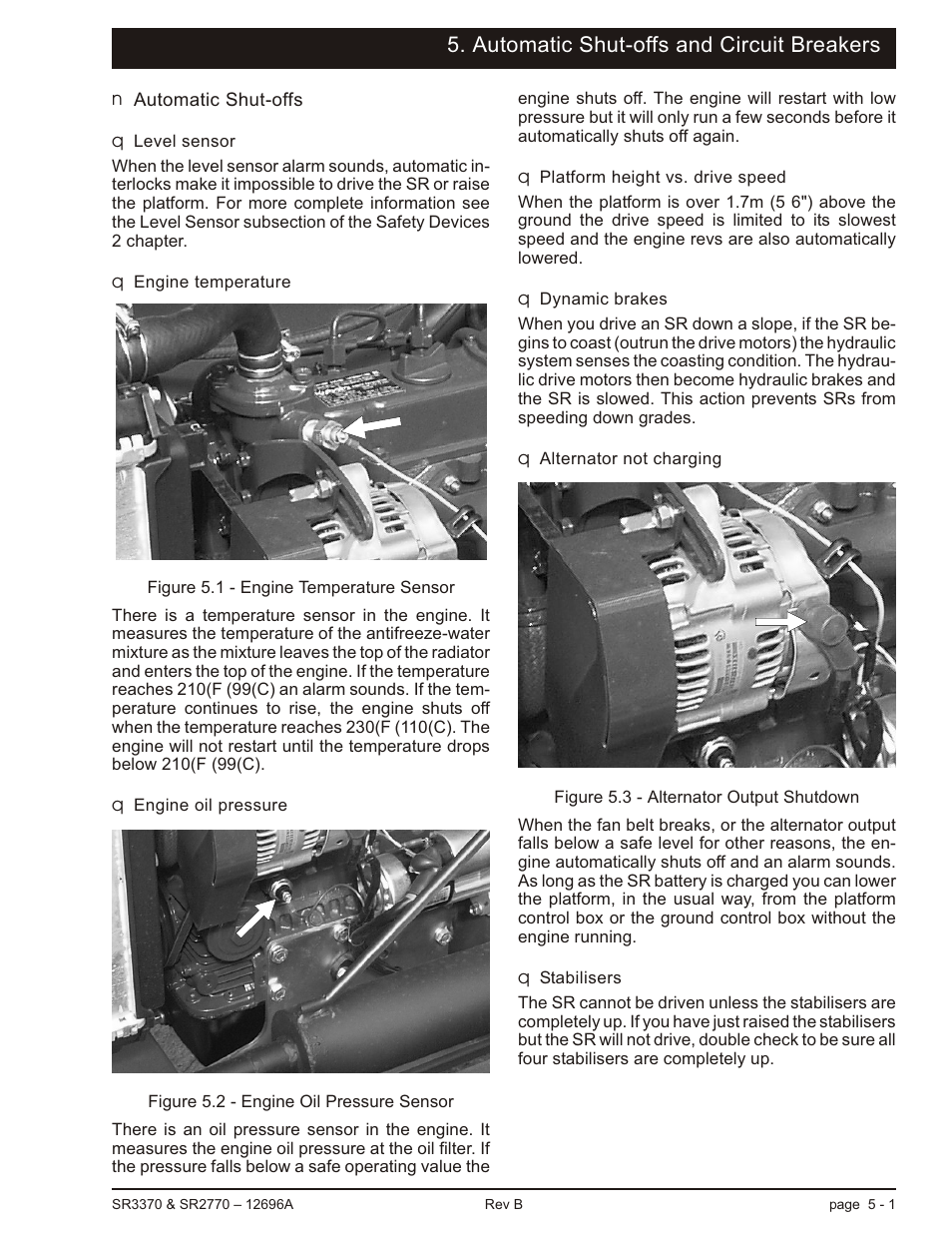 Automatic shut-offs and circuit breakers, Automatic shut-offs 5-1, Level sensor 5-1 | Engine temperature 5-1, Engine oil pressure 5-1, Platform height vs. drive speed 5-1, Dynamic brakes 5-1, Alternator not charging 5-1, Stabilisers 5-1, Automatic shut-offs, 5-1 | Snorkel SR3370 User Manual | Page 29 / 78