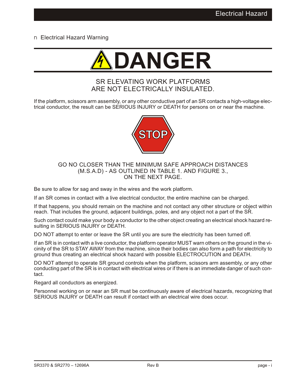 Electrical hazard, Electrical hazard warning i, Danger | Snorkel SR3370 User Manual | Page 3 / 78