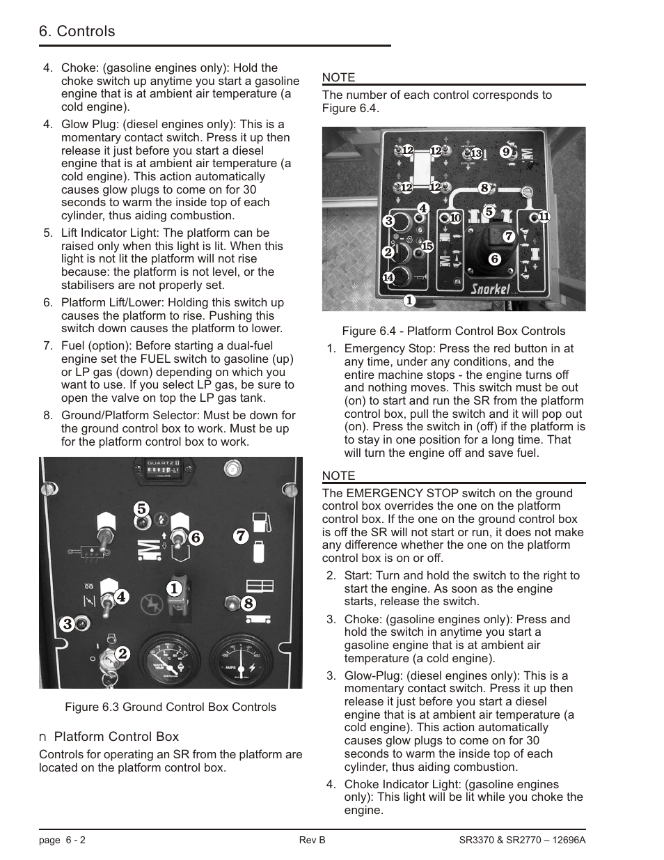 Platform control box 6-2, Choke, 6-2, Fuel, 6-2 | Glow plug, 6-2, Ground/platform, 6-2, Platform lift/lower, 6-2, Start, 6-2, Lift enable, 6-2, Platform control box -2, Controls | Snorkel SR3370 User Manual | Page 32 / 78