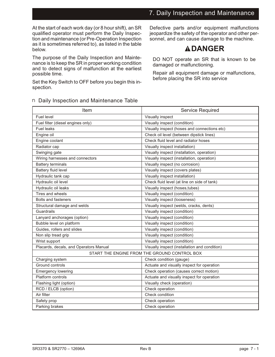 Daily inspection and maintenance, Daily inspection and maintenance table 7-1, Daily inspection and maintenance table -1 | Danger | Snorkel SR3370 User Manual | Page 35 / 78