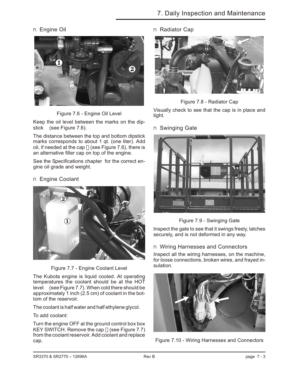 Engine oil 7-3, Engine coolant 7-3, Radiator cap 7-3 | Swinging gate 7-3, Wiring harnesses and connectors 7-3, Engine oil -3 engine coolant -3 radiator cap -3, Daily inspection and maintenance | Snorkel SR3370 User Manual | Page 37 / 78