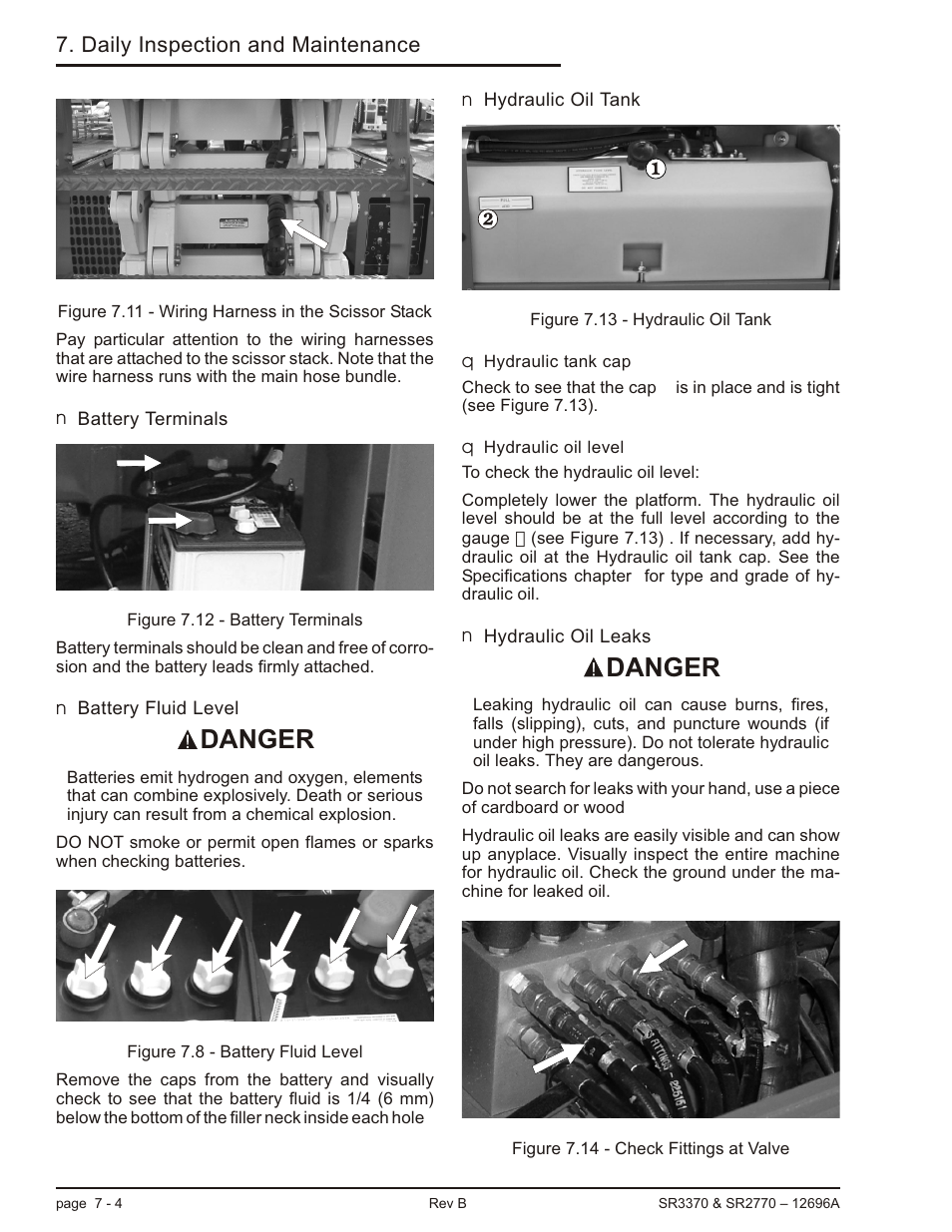 Battery terminals 7-4, Battery fluid level 7-4, Hydraulic oil tank 7-4 | Hydraulic tank cap 7-4, Hydraulic oil level 7-4, Hydraulic oil leaks 7-4, Hydraulic tank cap -4 hydraulic oil level -4, Hydraulic oil leaks -4, Danger | Snorkel SR3370 User Manual | Page 38 / 78